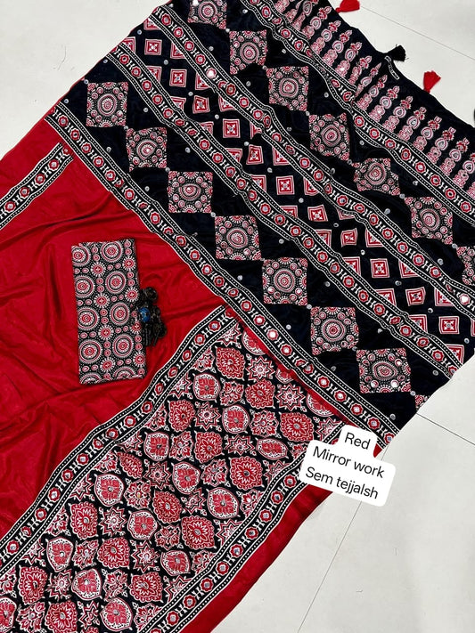 Ajrakh Semi Modal Crepe Silk Saree with Real Mirror Work