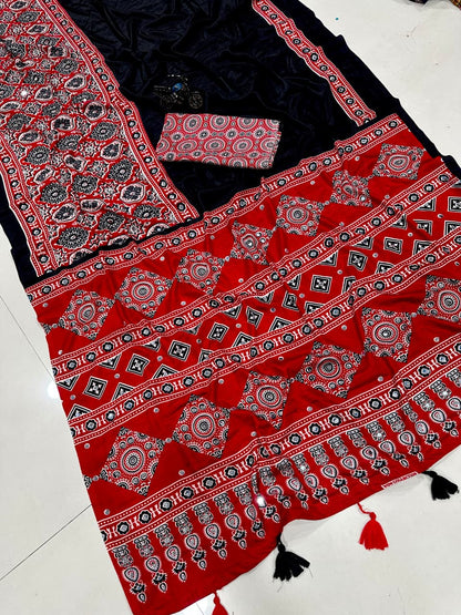 Ajrakh Semi Modal Crepe Silk Saree with Real Mirror Work
