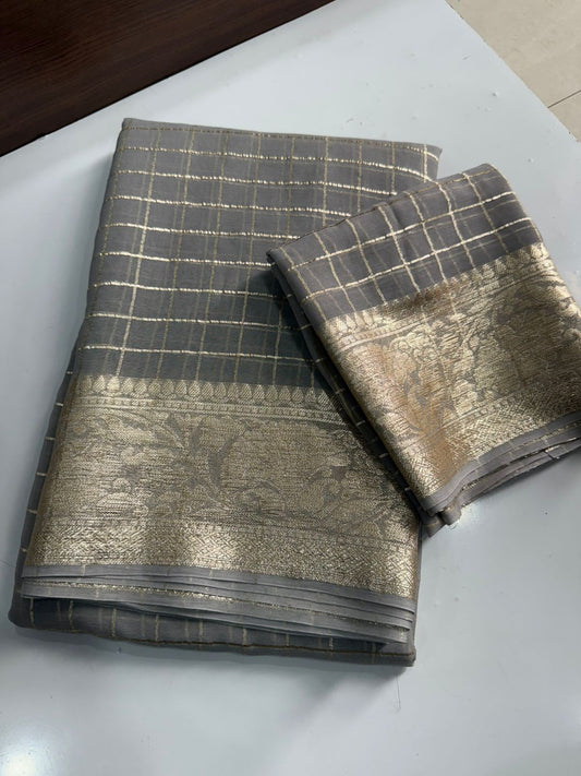 Viscose Georgette Zari Checked Saree with Viscose Zari Weaving Borders