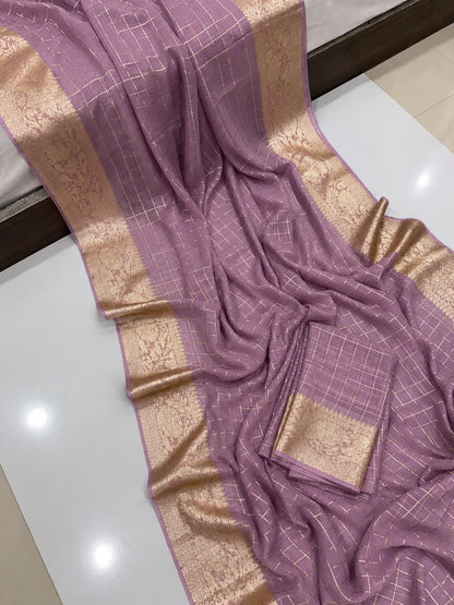 Viscose Georgette Zari Checked Saree with Viscose Zari Weaving Borders