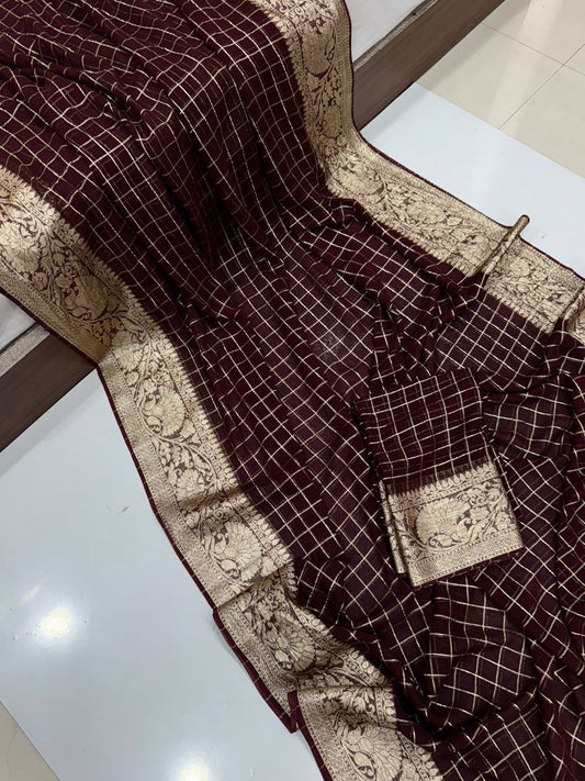 Viscose Georgette Zari Checked Saree with Viscose Zari Weaving Borders