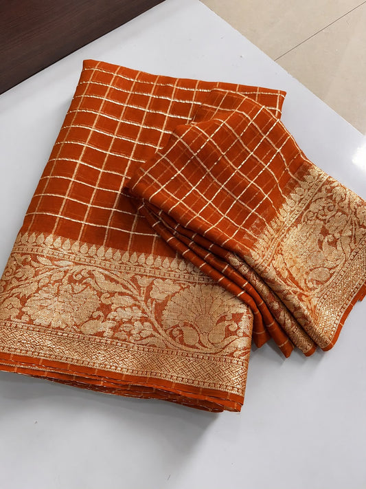 Viscose Georgette Zari Checked Saree with Viscose Zari Weaving Borders