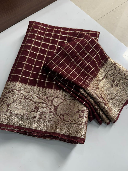 Viscose Georgette Zari Checked Saree with Viscose Zari Weaving Borders