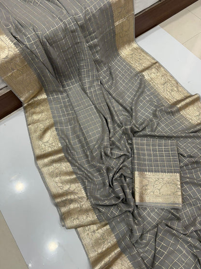 Viscose Georgette Zari Checked Saree with Viscose Zari Weaving Borders