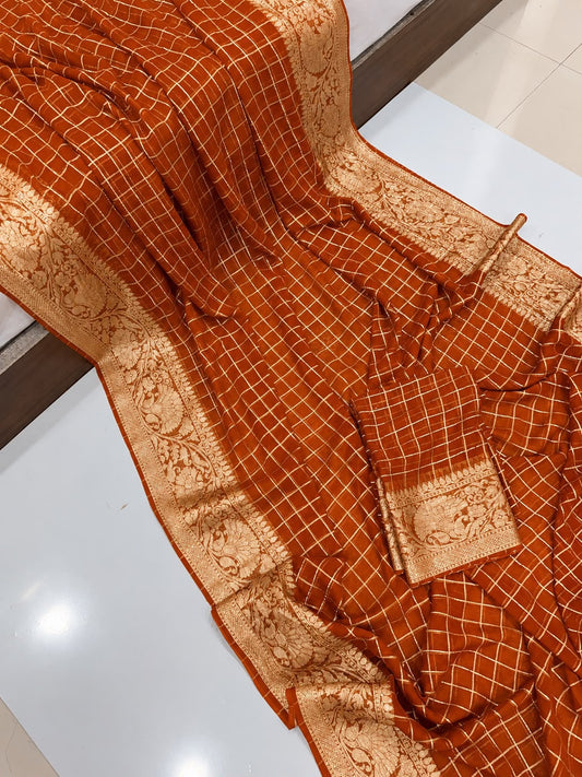 Viscose Georgette Zari Checked Saree with Viscose Zari Weaving Borders