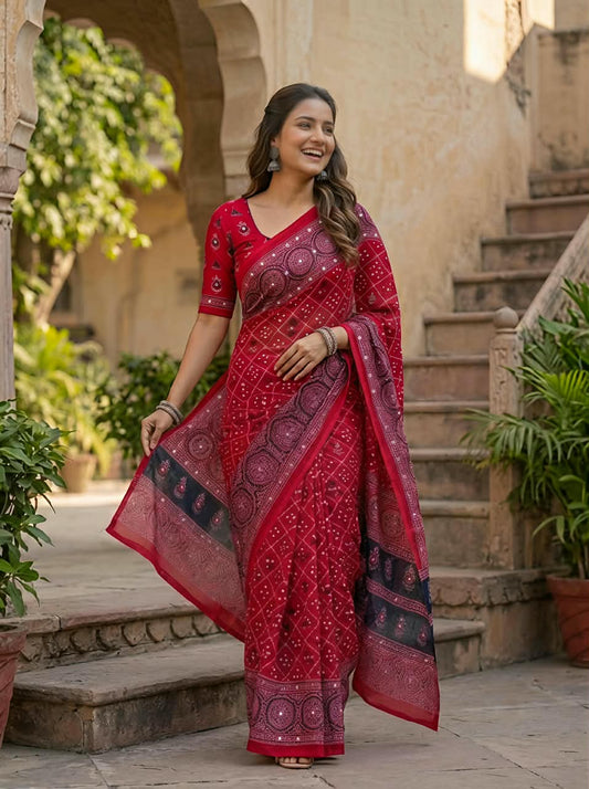 Checked Bandhini Sarees with Real Mirror Work