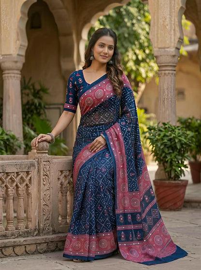 Checked Bandhini Sarees with Real Mirror Work