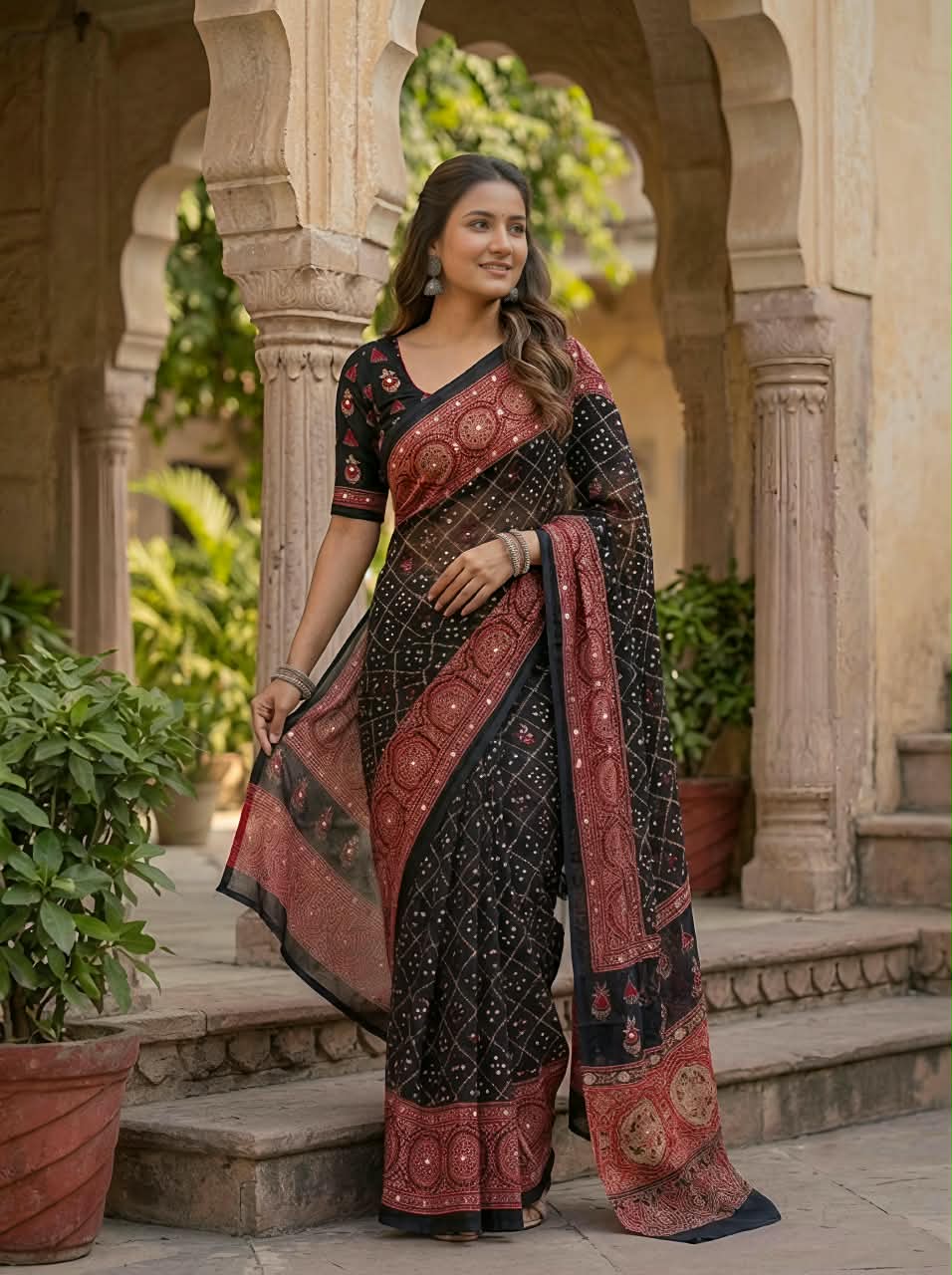 Checked Bandhini Sarees with Real Mirror Work