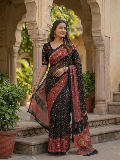Checked Bandhini Sarees with Real Mirror Work