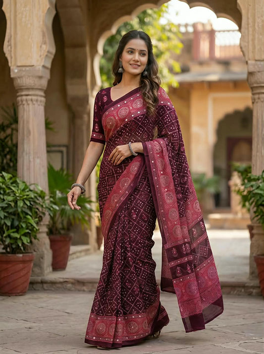 Checked Bandhini Sarees with Real Mirror Work