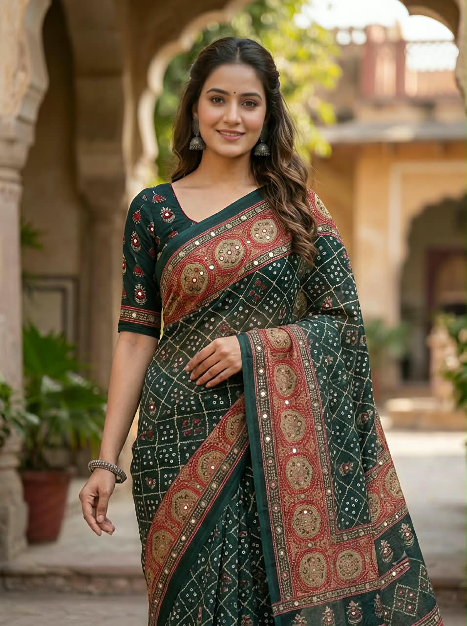 Checked Bandhini Sarees with Real Mirror Work