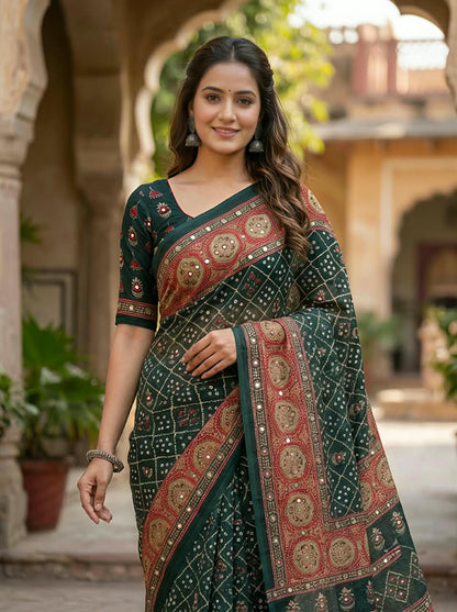 Checked Bandhini Sarees with Real Mirror Work