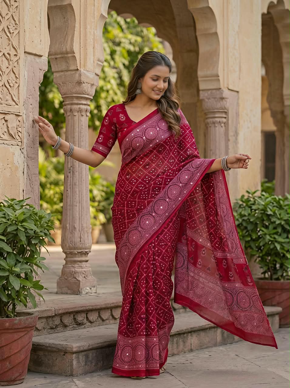Checked Bandhini Sarees with Real Mirror Work