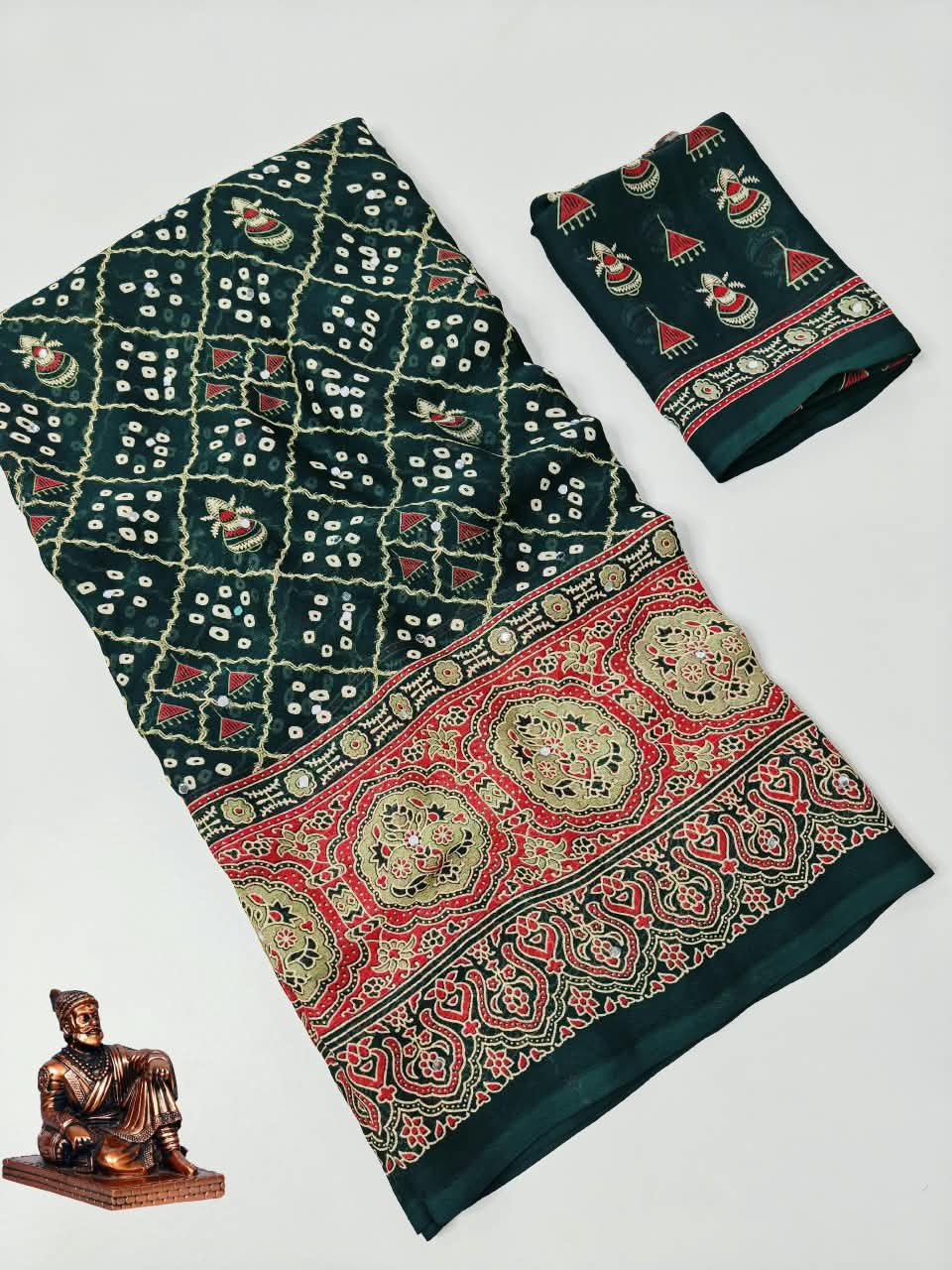 Checked Bandhini Sarees with Real Mirror Work