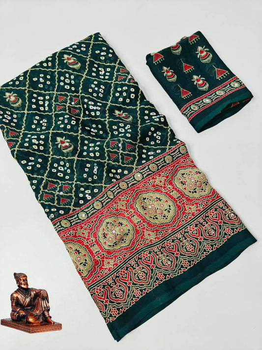 Checked Bandhini Sarees with Real Mirror Work