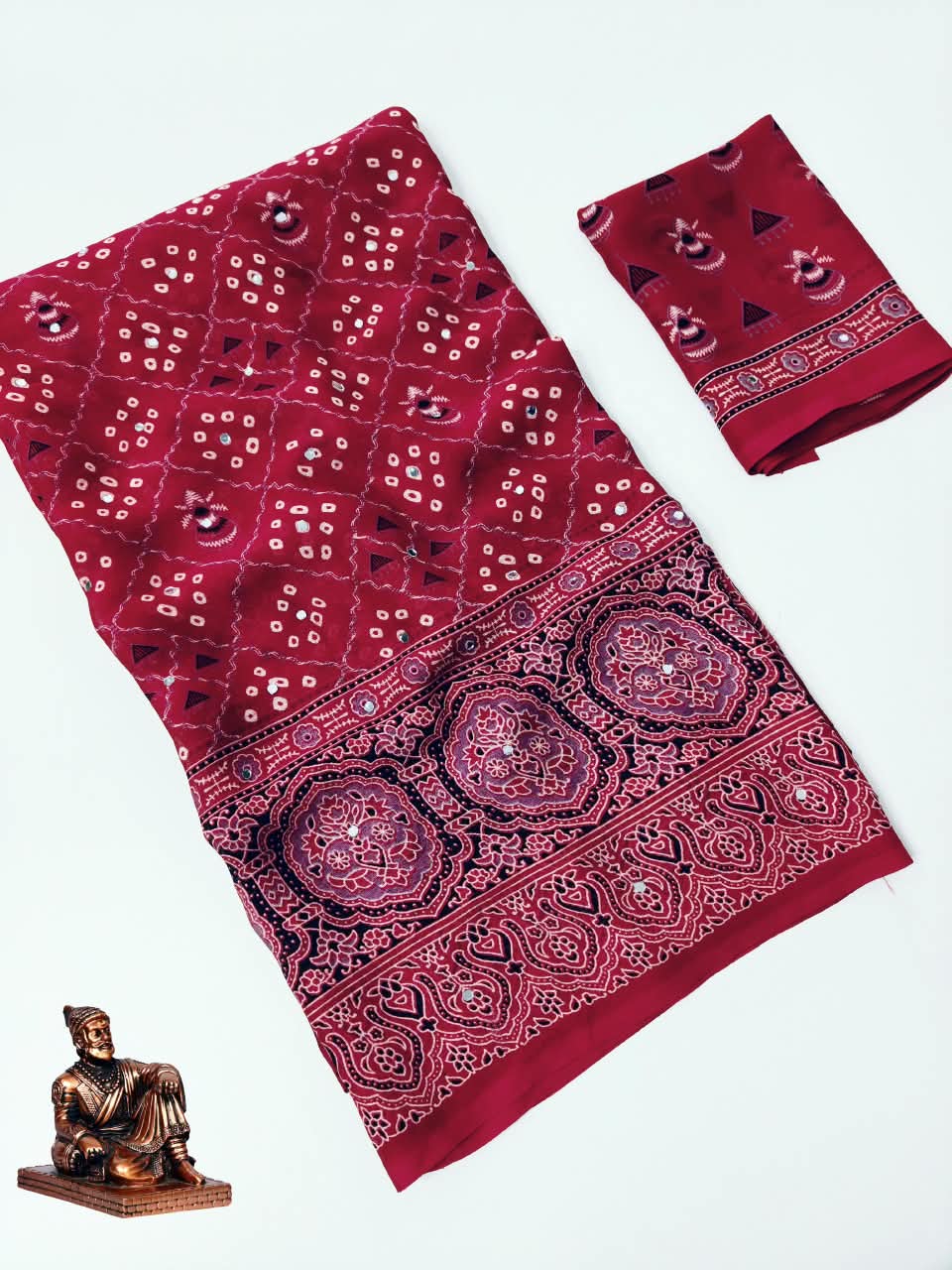 Checked Bandhini Sarees with Real Mirror Work
