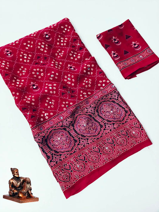 Checked Bandhini Sarees with Real Mirror Work