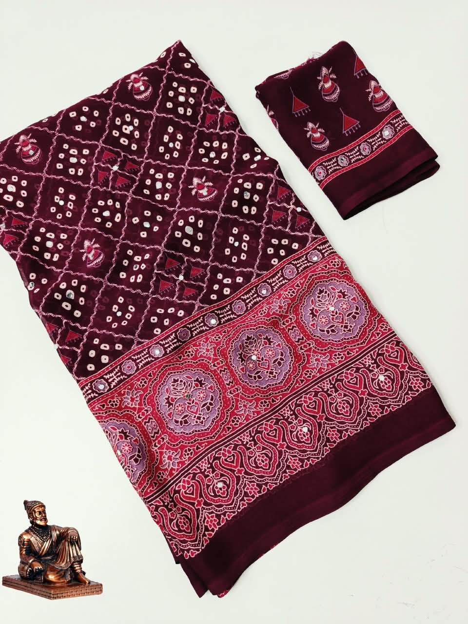 Checked Bandhini Sarees with Real Mirror Work