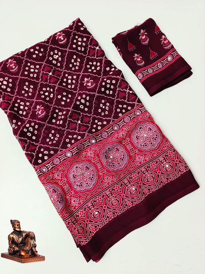 Checked Bandhini Sarees with Real Mirror Work