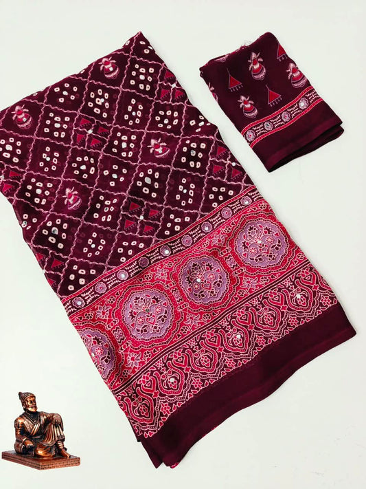 Checked Bandhini Sarees with Real Mirror Work