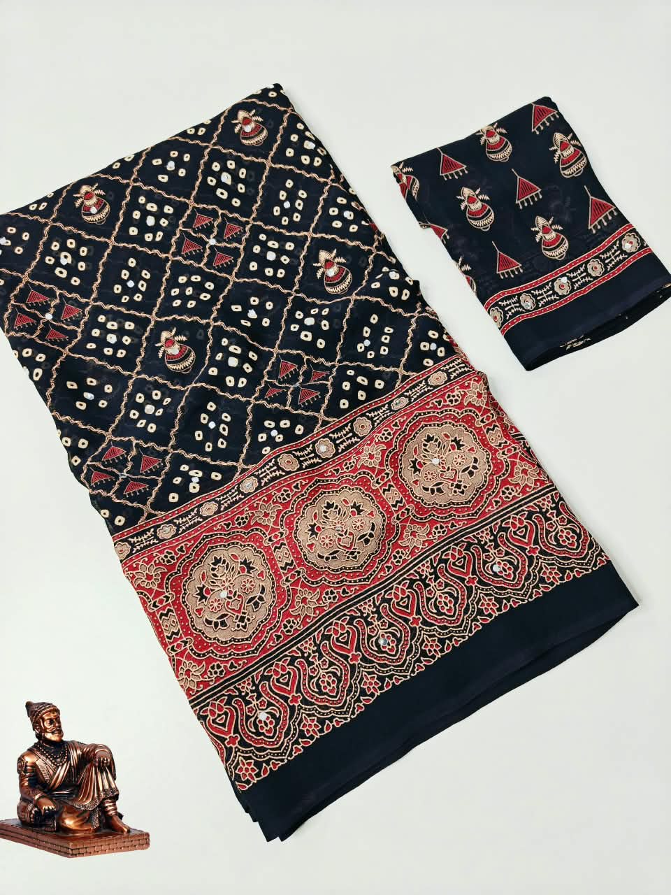 Checked Bandhini Sarees with Real Mirror Work