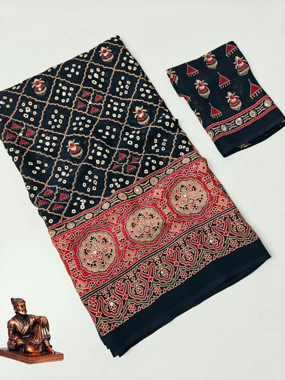 Checked Bandhini Sarees with Real Mirror Work