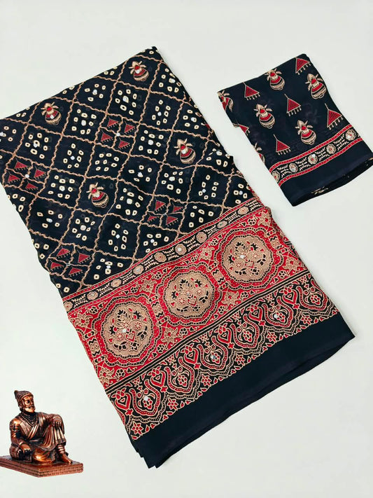 Checked Bandhini Sarees with Real Mirror Work