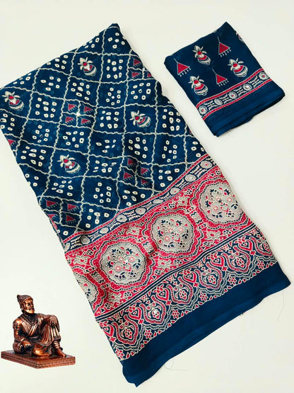 Checked Bandhini Sarees with Real Mirror Work