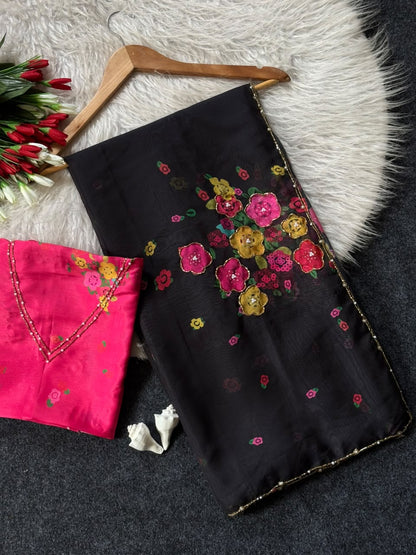 Soft Tabby Organza Silk Floral Sarees with Designer Cut Beadwork & Pearl Work