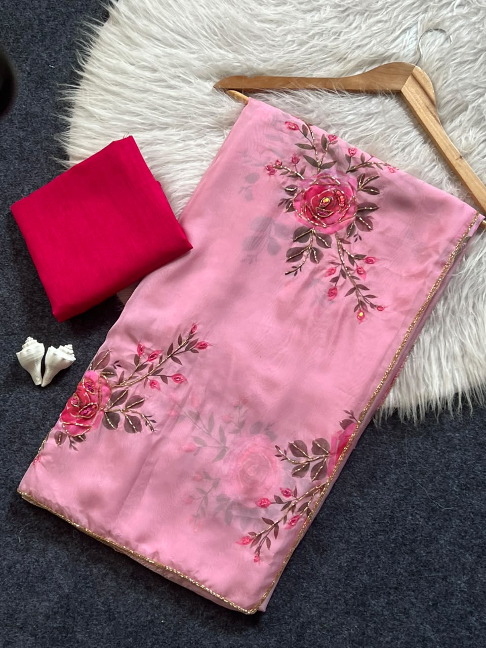 Soft Tabby Organza Silk Floral Sarees with Designer Cut Beadwork & Pearl Work