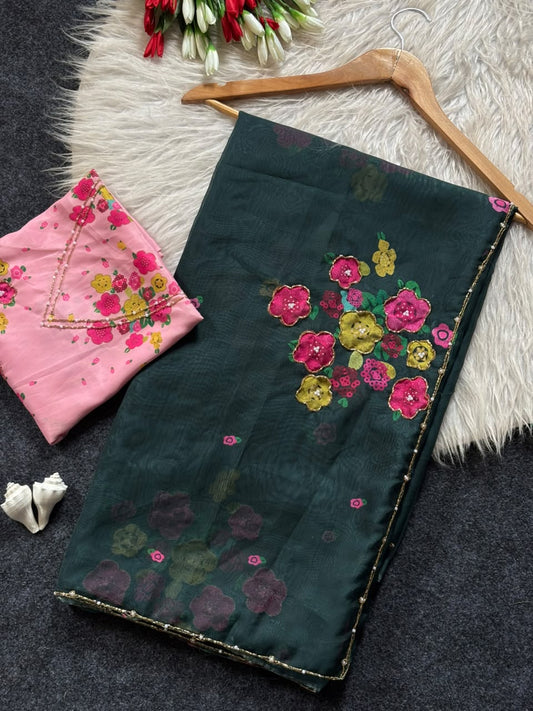 Soft Tabby Organza Silk Floral Sarees with Designer Cut Beadwork & Pearl Work