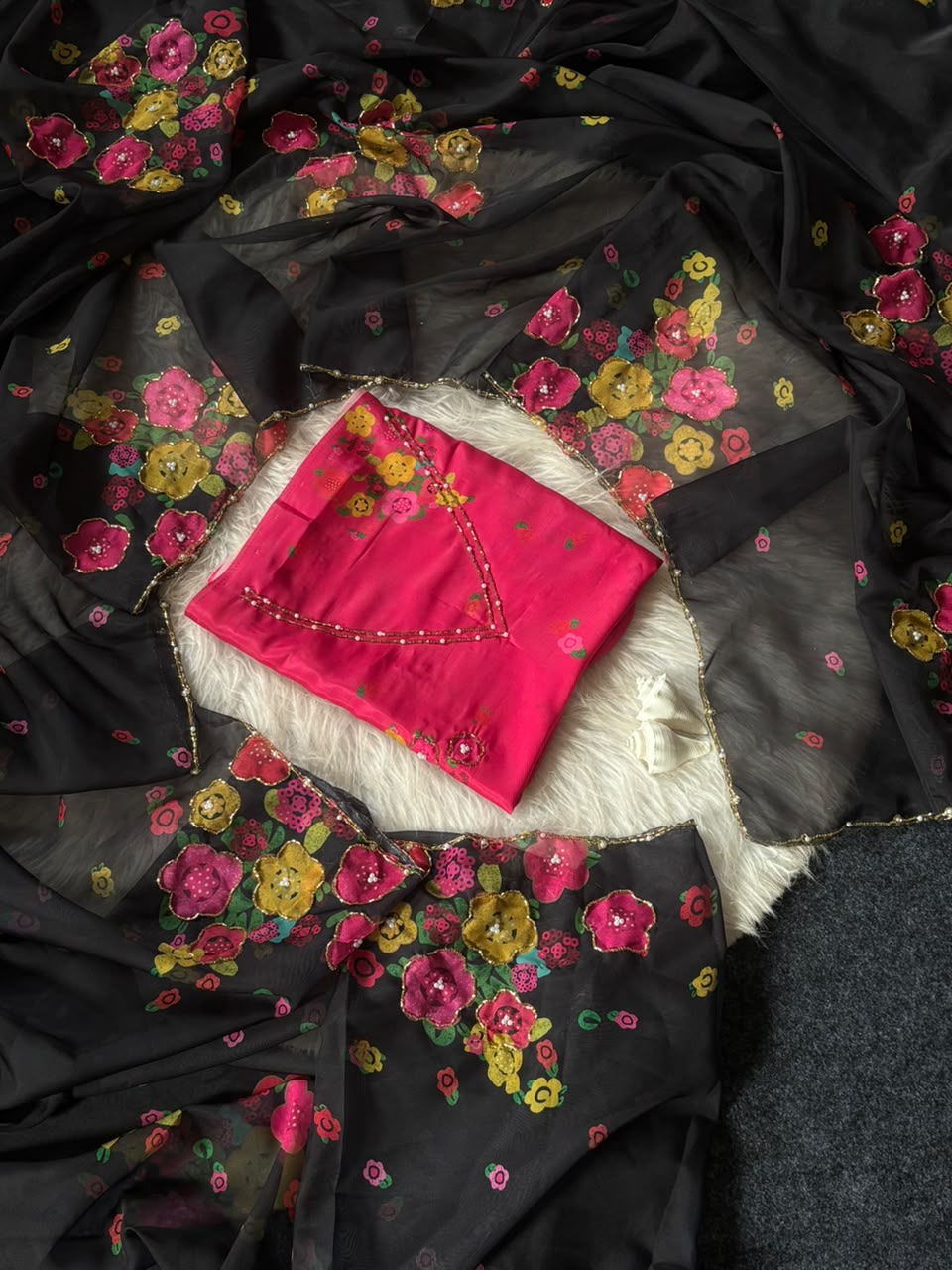 Soft Tabby Organza Silk Floral Sarees with Designer Cut Beadwork & Pearl Work