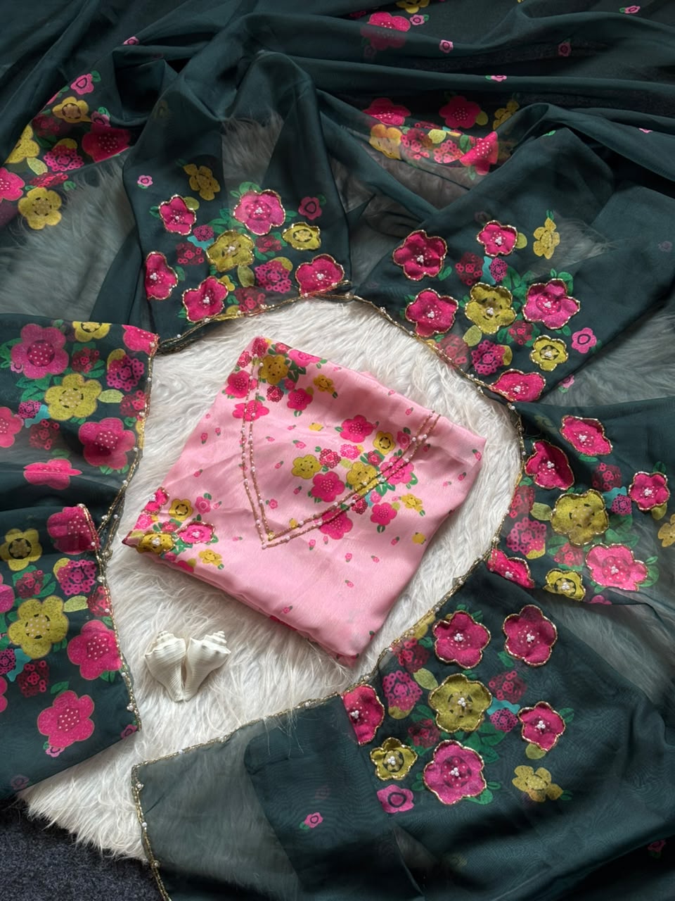 Soft Tabby Organza Silk Floral Sarees with Designer Cut Beadwork & Pearl Work