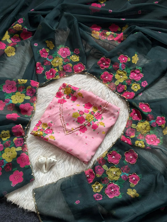 Soft Tabby Organza Silk Floral Sarees with Designer Cut Beadwork & Pearl Work