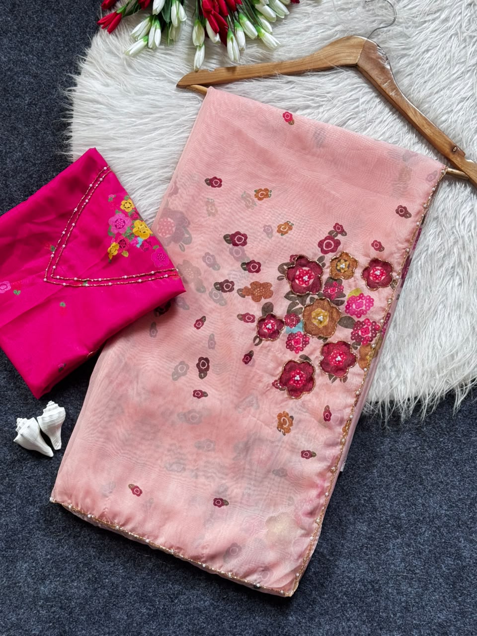 Soft Tabby Organza Silk Floral Sarees with Designer Cut Beadwork & Pearl Work