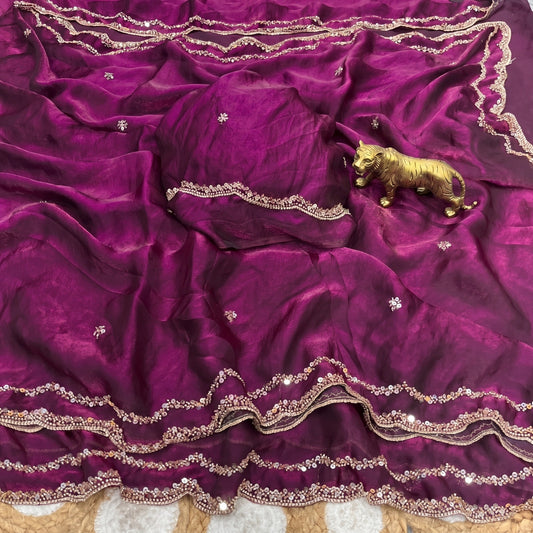 Fendy Satin Silk Sarees with Sequin & Coding Embroidered Scalloped Borders