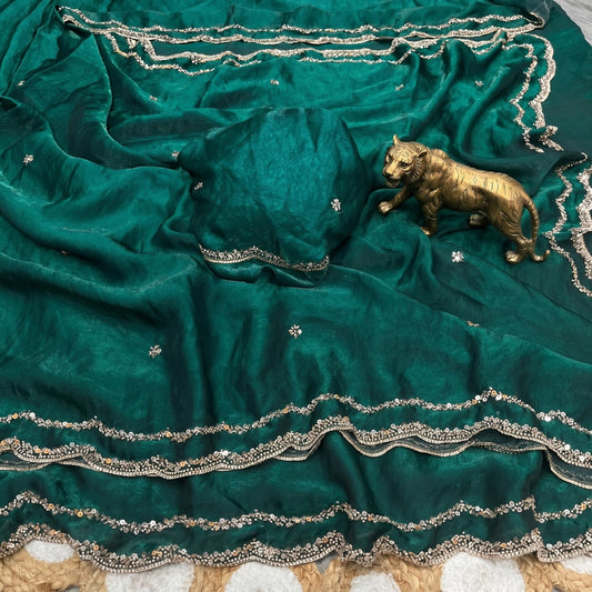 Fendy Satin Silk Sarees with Sequin & Coding Embroidered Scalloped Borders