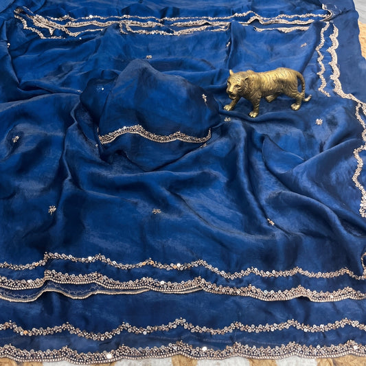 Fendy Satin Silk Sarees with Sequin & Coding Embroidered Scalloped Borders