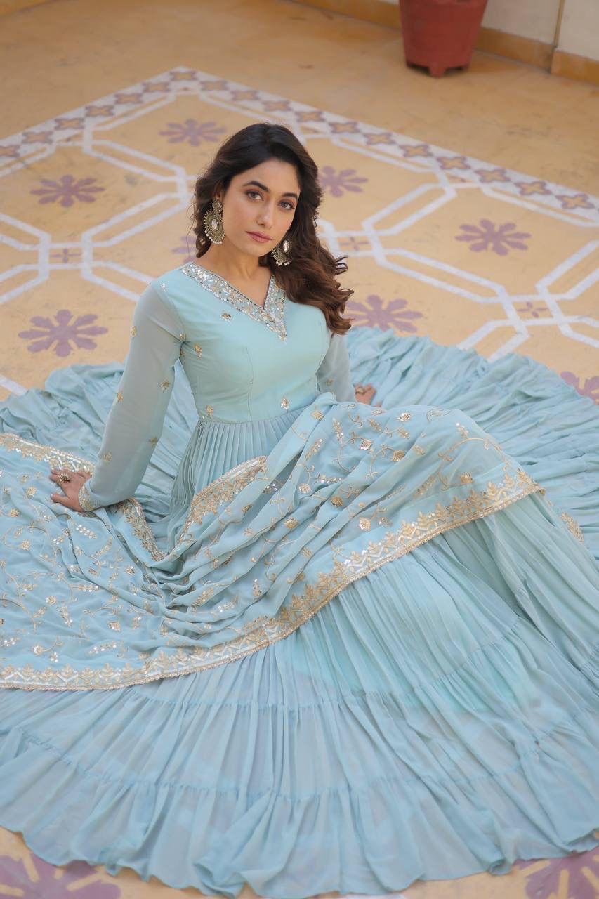 Georgette Sequin Embroidered Flared & Frilled Suits