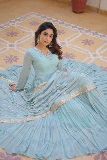 Georgette Sequin Embroidered Flared & Frilled Suits