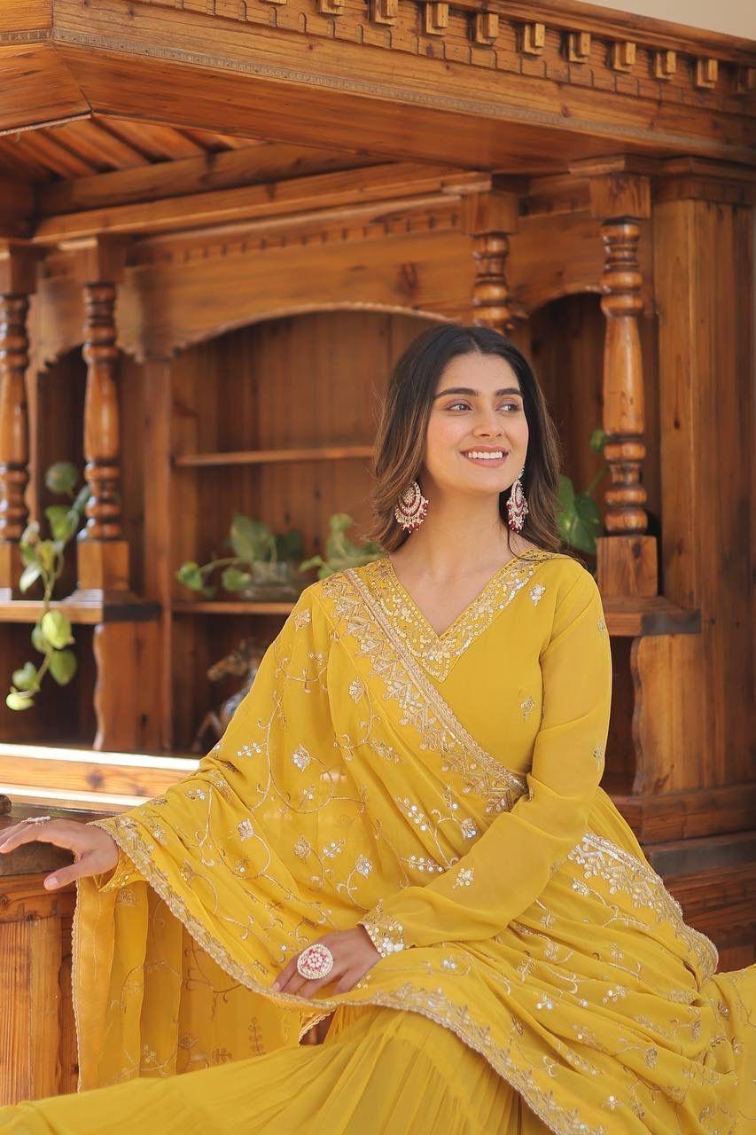 Georgette Sequin Embroidered Flared & Frilled Suits