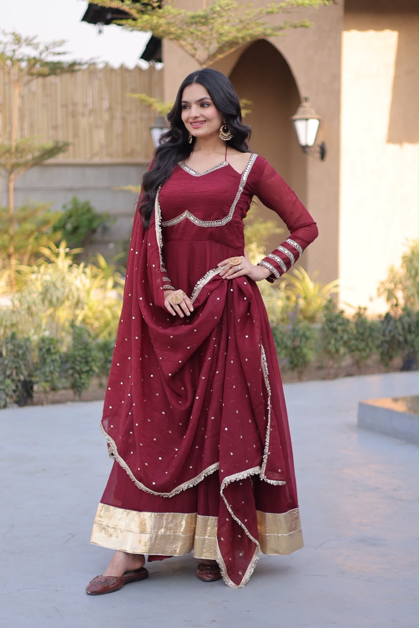 Readymade Crunchy Georgette Silk Sequin Embroidered & Real Mirror Work Flared Suits