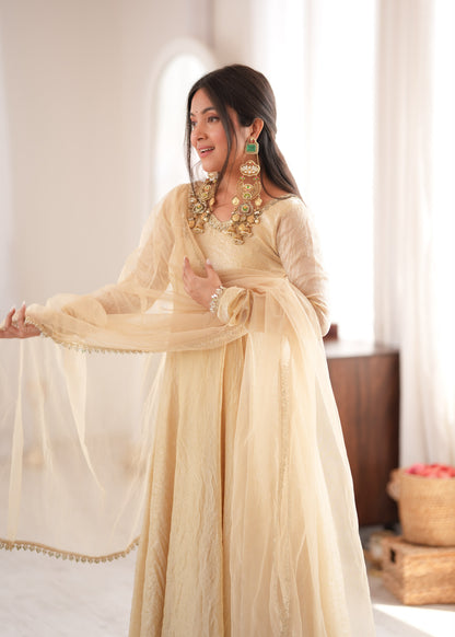 Readymade Crunchy Silk Flared Suits with Real Mirror Lace Borders