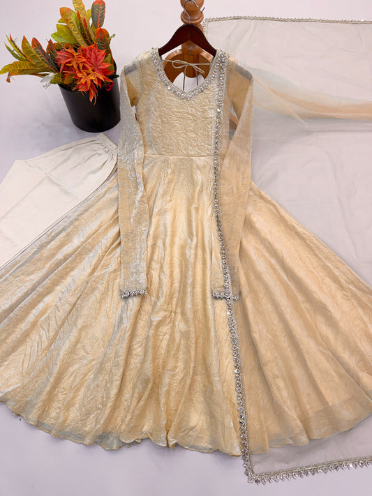 Readymade Crunchy Silk Flared Suits with Real Mirror Lace Borders