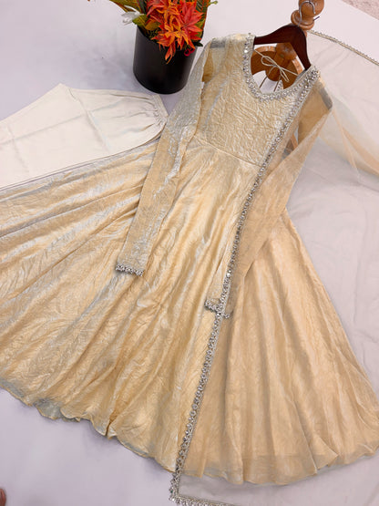 Readymade Crunchy Silk Flared Suits with Real Mirror Lace Borders