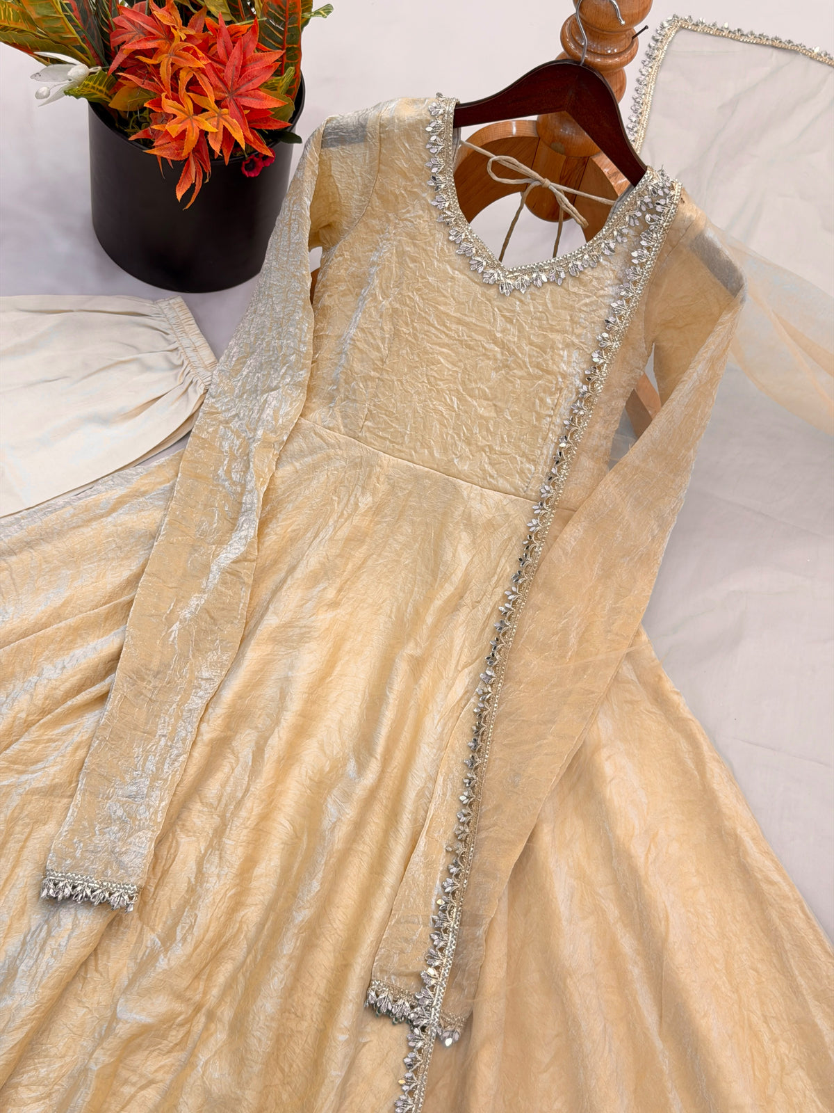 Readymade Crunchy Silk Flared Suits with Real Mirror Lace Borders