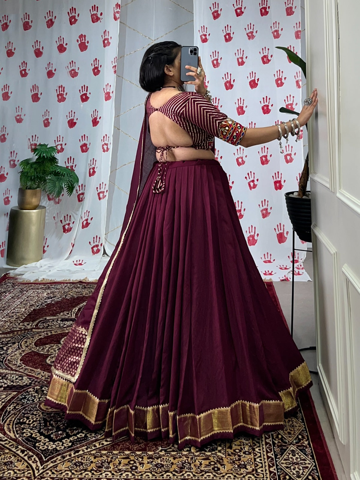 Navratri Special Chanderi Lehenga Choli with Zari & Mirror Gamthi Work – LNB1747WIN