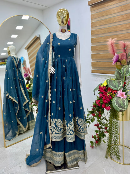 ZB-5055 – New Designer Party Wear Sharara Suit Set - Peacock Green