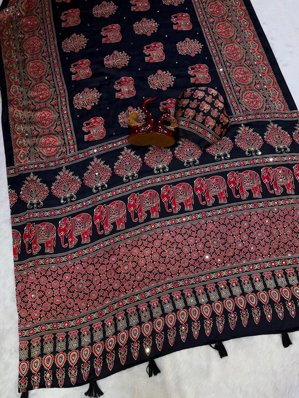 Ajrakh Crepe Silk Sarees with Mirror Work BLACK