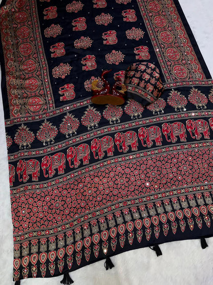 Ajrakh Crepe Silk Sarees with Mirror Work BLACK
